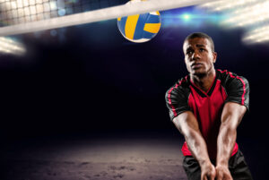 Composite image of sportsman playing volleyball against view of spotlights